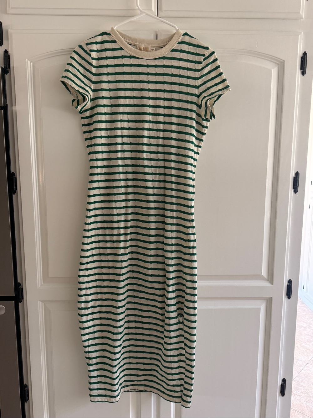 Nation LTD Green and Cream Striped Midi Crewneck Dress